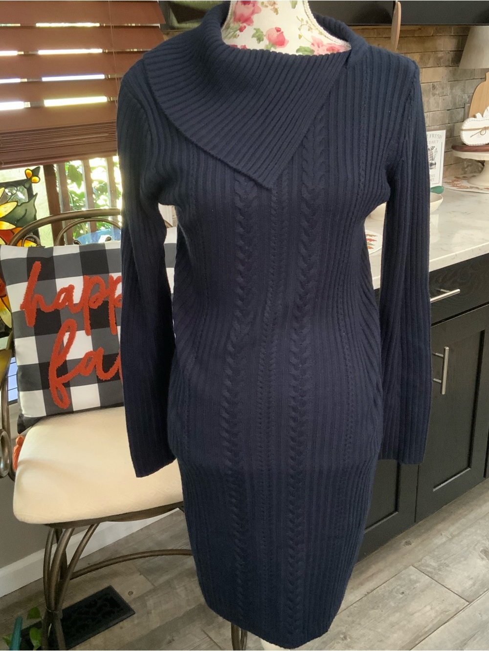 Calvin Klein Women M Sweater Dress Navy Blue Knit Knee Length Fold Over Neckline
